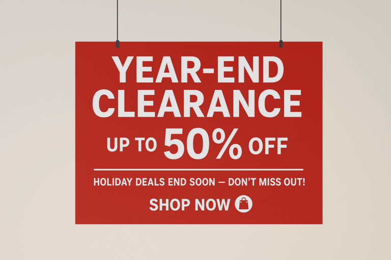 Red banner showing year-end clearance sale with up to 50% off and a message encouraging shoppers to buy before holiday deals end.