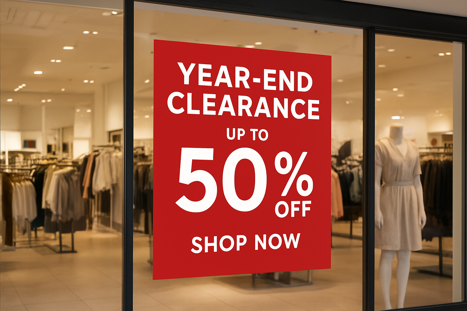 ear-end clearance sale signage design in red and white with up to 50% off message.